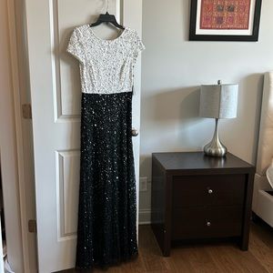 Color block gown in black and white beads/sequins